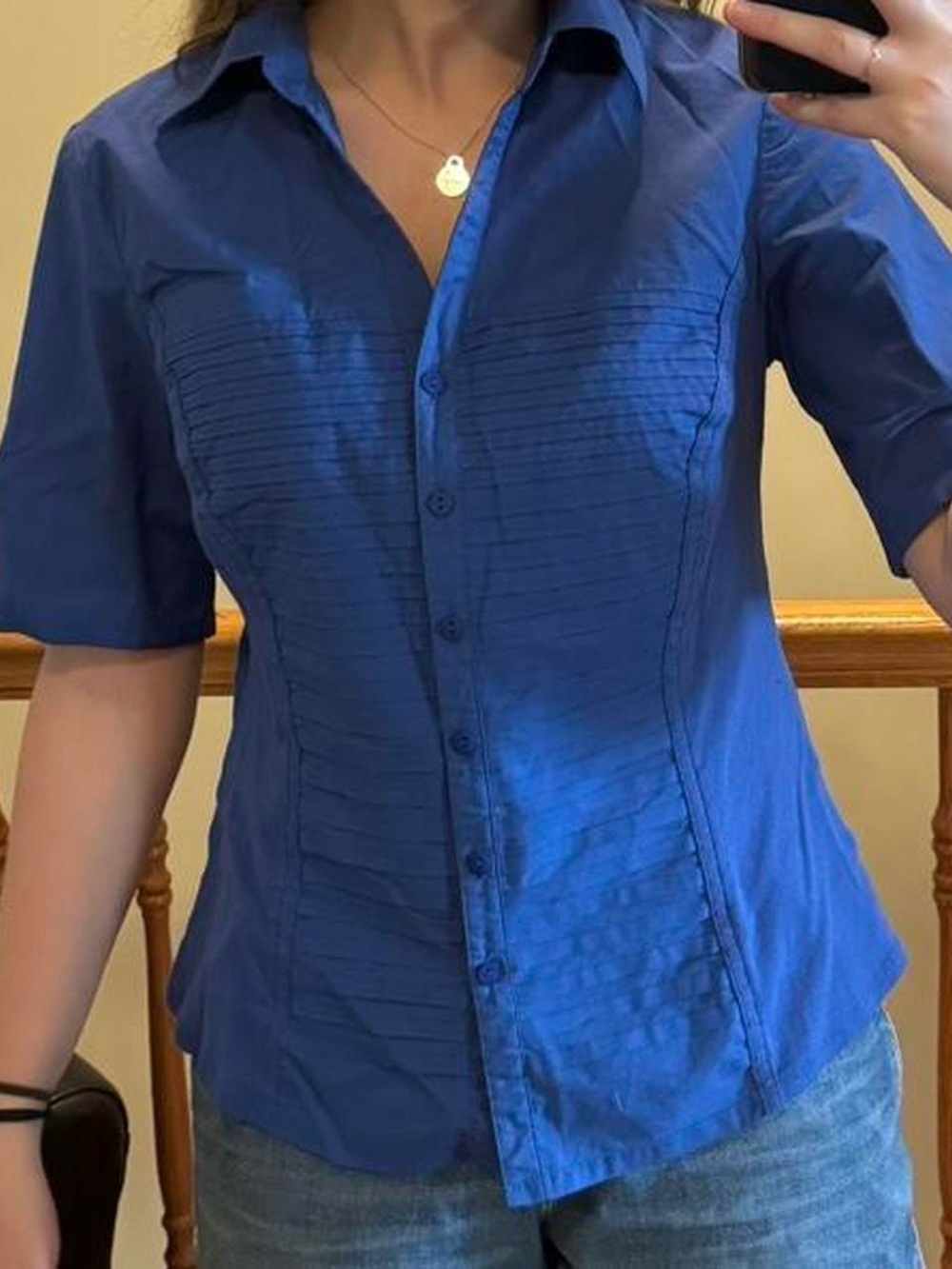 blue textured button down half sleeve top!